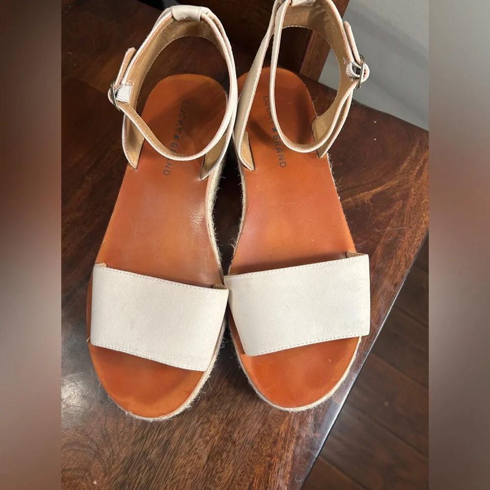 Lucky Brand Jeneka Lite Khaki Natural Espadrilles Platform Wedge Sandals - Picture 2 of 7